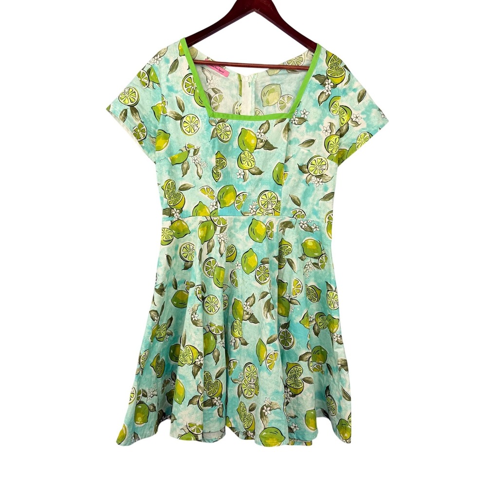 Vivacious Vixen Apparel Fit & Flare Dress Women Size Large Blue Green Lime Print